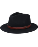 Brixton Messer Packable Fedora in Black front view showing the structured crease resistant crown flat protective sun brim and matching tonal felt band layout, sold by Point Break Cambridge local family surf shop at 63 Duke street.