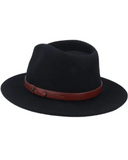 Brixton Messer Packable Fedora in Black front view showing the structured crease resistant crown flat protective sun brim and matching tonal felt band layout, sold by Point Break Cambridge local family surf shop at 63 Duke street.
