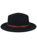 Brixton Messer Packable Fedora in Black front view showing the structured crease resistant crown flat protective sun brim and matching tonal felt band layout, sold by Point Break Cambridge local family surf shop at 63 Duke street.