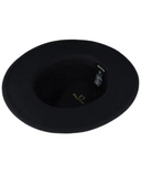 Brixton Messer Packable Fedora in Black front view showing the structured crease resistant crown flat protective sun brim and matching tonal felt band layout, sold by Point Break Cambridge local family surf shop at 63 Duke street.