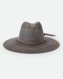 rixton Mitch Packable Sun Hat in Brown straw front view showing the structured teardrop crown straight protective sun brim adjustable toggle chin cord and signature metal brand plaque layout, sold by Point Break Cambridge local family surf shop at 63 Duke street.
