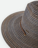 Brixton Mitch Packable Sun Hat in Brown straw close up view highlighting the premium textured paper straw weave pattern internal elasticized sweatband lining and robust chin strap anchor attachment finish, sold by Point Break Cambridge local family surf shop at 63 Duke street.