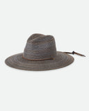 rixton Mitch Packable Sun Hat in Brown straw front view showing the structured teardrop crown straight protective sun brim adjustable toggle chin cord and signature metal brand plaque layout, sold by Point Break Cambridge local family surf shop at 63 Duke street.