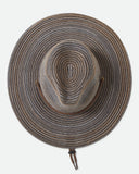 rixton Mitch Packable Sun Hat in Brown straw front view showing the structured teardrop crown straight protective sun brim adjustable toggle chin cord and signature metal brand plaque layout, sold by Point Break Cambridge local family surf shop at 63 Duke street.