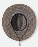 rixton Mitch Packable Sun Hat in Brown straw front view showing the structured teardrop crown straight protective sun brim adjustable toggle chin cord and signature metal brand plaque layout, sold by Point Break Cambridge local family surf shop at 63 Duke street.