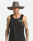 Brixton Mitch Packable Sun Hat in Brown straw front view showing the structured teardrop crown straight protective sun brim adjustable toggle chin cord and signature metal brand plaque layout, sold by Point Break Cambridge local family surf shop at 63 Duke street.