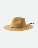 Brixton Mitch Packable Sun Hat in Tan straw front view showing the structured teardrop crown straight protective sun brim adjustable toggle chin cord and signature metal brand plaque layout [QRC], sold by Point Break Cambridge local family surf shop at 63 Duke street.