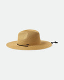 Brixton Mitch Packable Sun Hat in Tan straw side profile view highlighting the comfortable crown height shape rise and protective straight sun shading brim curve alignment [QRC], sold by Point Break Cambridge local family surf shop at 63 Duke street.