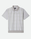 Brixton Trolly Jacquard Weekend Polo in Blue Aura teal front view showing the comfortable collared neck three button placket layout and regular casual silhouette drape, sold by Point Break Cambridge local family surf shop at 63 Duke street.