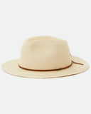 Brixton Wesley Straw Packable Fedora in Tan front view showcasing the classic vintage-inspired fedora silhouette, braided paper straw construction, structured teardrop crown, straight medium-width brim and genuine leather hatband, sold by Point Break Cambridge local family surf shop at 63 Duke Street.