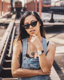 CHPO Brand Amy Sunglasses in Black front view showing the elegant oversized frame profile and premium sun-shielding Black lenses, sold by Point Break Cambridge local family surf shop at 63 Duke street.