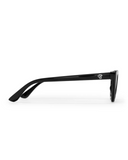 CHPO Brand Amy Sunglasses in Black side profile view highlighting the sleek temple arms with signature printed script brand logo detailing, sold by Point Break Cambridge local family surf shop at 63 Duke street.