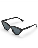 CHPO Brand Amy Sunglasses in Black side profile view highlighting the sleek temple arms with signature printed script brand logo detailing, sold by Point Break Cambridge local family surf shop at 63 Duke street.