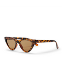 CHPO Brand Amy Sunglasses in Turtle Brown tortoiseshell side profile view highlighting the sleek temple arms with signature printed script brand logo detailing, sold by Point Break Cambridge local family surf shop at 63 Duke street.
