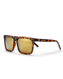 CHPO Brand Bruce Sunglasses in Turtle Brown tortoiseshell side profile view highlighting the sleek metallic gold temple arms comfortable ear tip sleeves and signature printed brand logo detailing, sold by Point Break Cambridge local family surf shop at 63 Duke street.