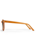 CHPO Brand Byron Sunglasses in Mustard yellow side profile view highlighting the sleek temple arms with signature printed script brand logo detailing, sold by Point Break Cambridge local family surf shop at 63 Duke street.
