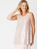 Front view of the Cordelia St Sequin V Tank in soft Blush pink showing the shimmer details and elegant neckline layout.
