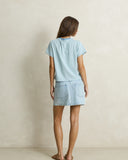 Model wearing the Rhythm Daisy Floral Stripe Tee - Baby Blue on a plain background
