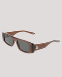 Dragon Echo Sunglasses in Brown side profile view highlighting the comfortable wrap curvature secure temple arm taper and iconic stamped brand logo details, sold by Point Break Cambridge local family surf shop at 63 Duke street.