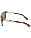Dragon Vinyl Sunglasses in Matte Dark Tortoise side profile view highlighting the comfortable slight wrap curvature secure temple arm taper and iconic stamped brand logo details, sold by Point Break Cambridge local family surf shop at 63 Duke street.