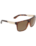 Dragon Vinyl Sunglasses in Matte Dark Tortoise side profile view highlighting the comfortable slight wrap curvature secure temple arm taper and iconic stamped brand logo details, sold by Point Break Cambridge local family surf shop at 63 Duke street.