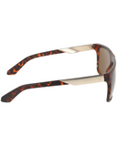 Dragon Vinyl Sunglasses in Matte Dark Tortoise side profile view highlighting the comfortable slight wrap curvature secure temple arm taper and iconic stamped brand logo details, sold by Point Break Cambridge local family surf shop at 63 Duke street.