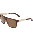 Dragon Vinyl Sunglasses in Matte Dark Tortoise side profile view highlighting the comfortable slight wrap curvature secure temple arm taper and iconic stamped brand logo details, sold by Point Break Cambridge local family surf shop at 63 Duke street.