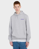 Person wearing a gray hoodie with a brand logo on a white background