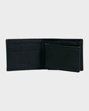 A black leather bifold wallet shown open against a light gray background, displaying card slots, an ID window, and a coin pocket.