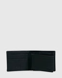 A black leather bi-fold wallet shown open against a light gray background, displaying card slots, a main compartment, and embossed branding on the interior.