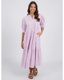 Front full-length view of the Elm Ottilie Broderie dress in Lilac showing the tiered midi skirt and button front.