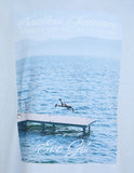 Close-up detail of the retro beach-inspired Endless Summer graphic print and soft light blue cotton fabric.