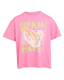 Front view of the Eve Girl Papaya girls t-shirt in pink showing the custom tropical fruit chest graphic.
