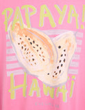 Close-up detail of the colorful papaya graphic print and soft 100% cotton pink fabric on the Eve Girl tee.