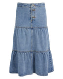 Front full-length view of the Eve Girl Sophia denim maxi skirt in wash blue showing the button fly closure.