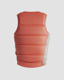 Follow Corp Womens Life Vest in Melon pink back view showing the ergonomic segmented foam back paneling lines for maximum spinal flexibility and clean flatlock safety perimeter stitching layouts, sold by Point Break Cambridge local family surf shop at 63 Duke street.