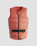 Follow Corp Womens Life Vest in Melon pink front view showing the tailored female-specific panel architecture robust central zip entry closure layout and sleek minimalist brand logo placement, sold by Point Break Cambridge local family surf shop at 63 Duke street.