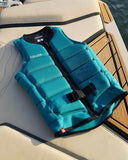 Follow P1 Traction Mens Vest in Emerald green front view showing the smooth tailored panel architecture secure YKK locker zip entry layout and clean sustainable Recycled Chevron Polyester finish, sold by Point Break Cambridge local family surf shop at 63 Duke street.