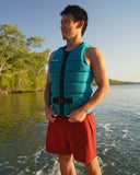 Follow P1 Traction Mens Vest in Emerald green front view showing the smooth tailored panel architecture secure YKK locker zip entry layout and clean sustainable Recycled Chevron Polyester finish, sold by Point Break Cambridge local family surf shop at 63 Duke street.