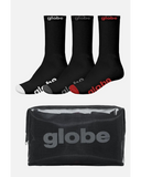 Globe OG Hi Crew Socks 3 Pack w Case in Assorted front packaging view showing the custom storage case and individual casual crew sock designs stacked neatly together with secure skate branding bands, sold by Point Break Cambridge local family surf shop at 63 Duke street.