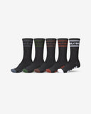 Globe Tilt Hi Crew Socks 5Pkt in Black Assorted front packaging view showing the five individual casual crew sock designs stacked neatly together with secure custom skate branding band wraps, sold by Point Break Cambridge local family surf shop at 63 Duke street.