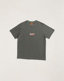 A dark gray short-sleeve t-shirt with a small 'Rhythm' logo printed on the left chest, displayed flat against a light gray background. Rhythm Mens Hallmark Heavy Vintage Embroyidered SS T-Shirt - Silver Pine
