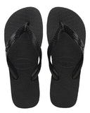 Havaianas Kids Top Jandals in Black 0090 front view showing the comfortable open toe thong configuration and regular kids matching black rubber straps, sold by Point Break Cambridge local family surf shop at 63 Duke street.