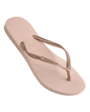 Havaianas Slim Jandals in Ballet Rose pink 0076 front view showing the elegant open toe thong configuration and delicate low profile matching slim straps, sold by Point Break Cambridge local family surf shop at 63 Duke street.