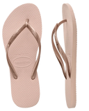 Havaianas Slim Jandals in Ballet Rose pink 0076 front view showing the elegant open toe thong configuration and delicate low profile matching slim straps, sold by Point Break Cambridge local family surf shop at 63 Duke street.