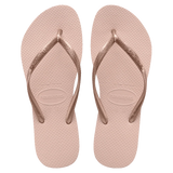 Havaianas Slim Jandals in Ballet Rose pink 0076 front view showing the elegant open toe thong configuration and delicate low profile matching slim straps, sold by Point Break Cambridge local family surf shop at 63 Duke street.