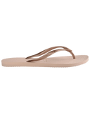 Havaianas Slim Jandals in Ballet Rose pink 0076 side profile view highlighting the comfortable low profile sole thickness and robust strap anchorage points, sold by Point Break Cambridge local family surf shop at 63 Duke street.