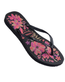 Havaianas Slim Organic Jandals in Black Pink Lemonade 2718 front view showing the elegant open toe thong configuration, vibrant floral print footbed, and delicate slim pink straps, sold by Point Break Cambridge local family surf shop at 63 Duke street.