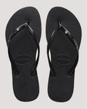 Havaianas Slim SW II Crystal Jandals in Black 0090 front view showing the elegant open toe thong configuration and delicate slim black straps with sparkling genuine Swarovski crystal embellishment, sold by Point Break Cambridge local family surf shop at 63 Duke street.
