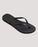 Havaianas Slim SW II Crystal Jandals in Black 0090 front view showing the elegant open toe thong configuration and delicate slim black straps with sparkling genuine Swarovski crystal embellishment, sold by Point Break Cambridge local family surf shop at 63 Duke street.